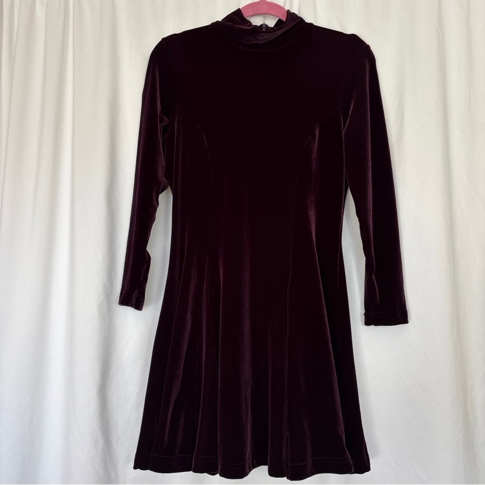Vintage 90s Velour Mini Dress Women's Sz S Mock Neck Burgundy Whimsigoth Fairy